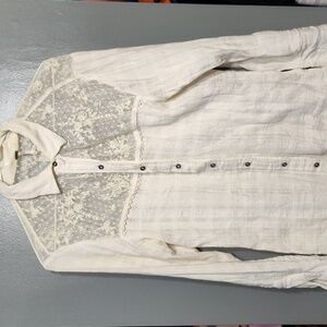 Free People Cotton & Lace Button Up Long Sleeve Womens Blouse Top Shirt Boho Sm